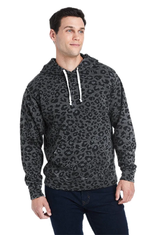 Men's durable workout hoodie-J America Mens Fleece Hooded Sweatshirt Hoodie w/ Pouch Pocket - Black Leopard