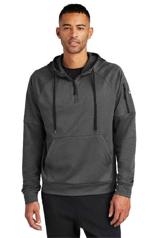 Men's relaxed fit running hoodie-Nike Mens Therma-Fit Fleece 1/4 Zip Hooded Sweatshirt Hoodie w/ Pouch Pocket - Anthracite Grey - New