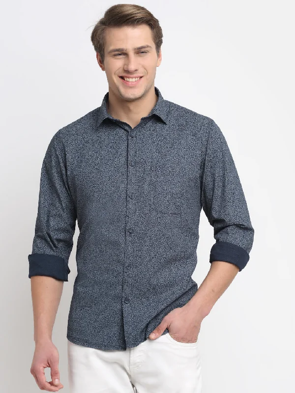 Men's breathable work shirt-Men's Navy Blue Casual Floral Print Full Sleeve Shirt