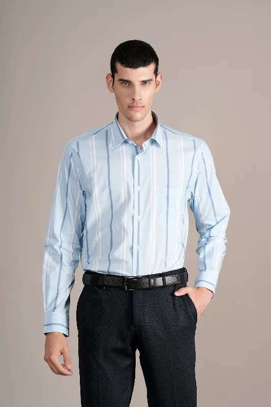 Men's antibacterial travel shirt-Men's Sky Blue Striped Full Sleeves Formal Shirt