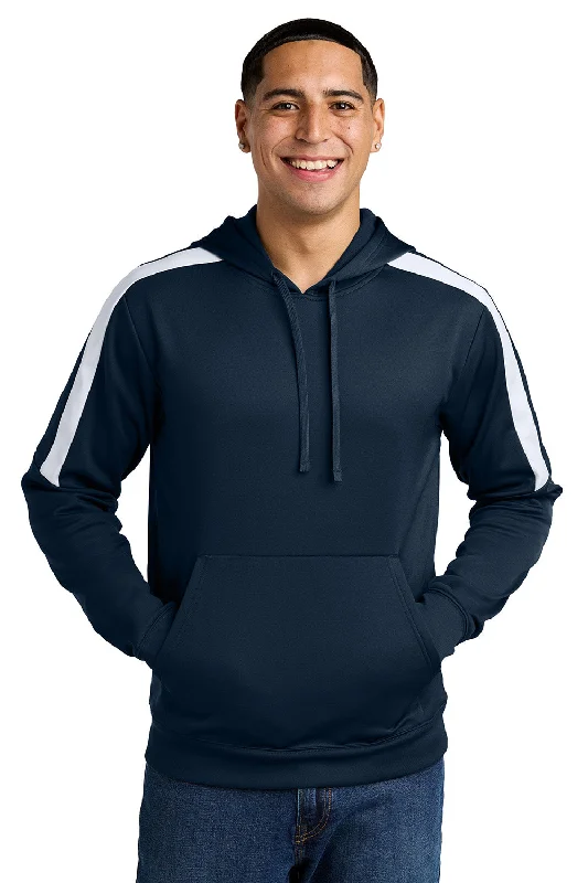 Men's pre-shrunk activewear hoodie-Sport-Tek Mens Sport-Wick Moisture Wicking United Fleece Hooded Sweatshirt Hoodie w/ Pouch Pocket - Navy Blue/White - New