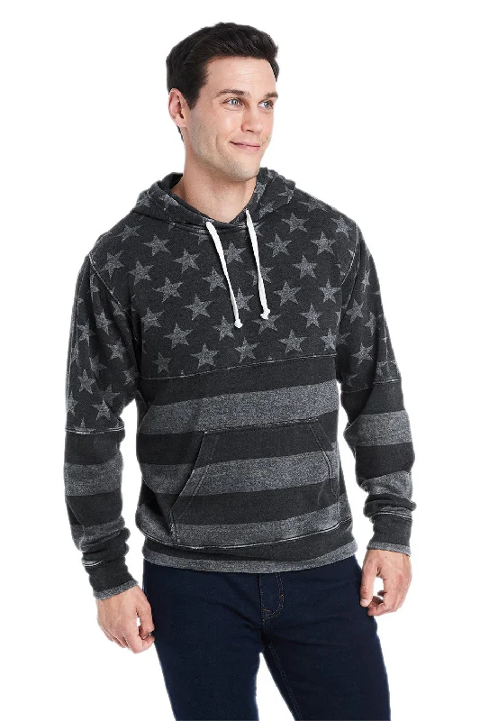 Men's cooling fleece hoodie-J America Mens Fleece Hooded Sweatshirt Hoodie w/ Pouch Pocket - Black Stars & Stripes