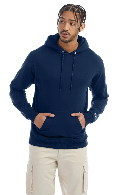 Men's sporty training hoodie-Champion Mens Double Dry Eco Moisture Wicking Fleece Hooded Sweatshirt Hoodie w/ Pouch Pocket - Late Night Blue