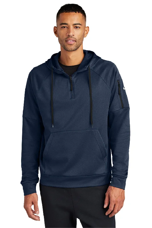 Men's modern sports hoodie-Nike Mens Therma-Fit Fleece 1/4 Zip Hooded Sweatshirt Hoodie w/ Pouch Pocket - Navy Blue - New