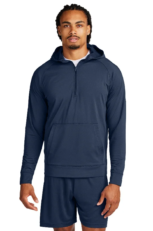 Men's lightweight performance hoodie-Sport-Tek Mens Sport-Wick Moisture Wicking 1/4 Zip Hooded Sweatshirt Hoodie w/ Pouch Pocket - True Navy Blue - New