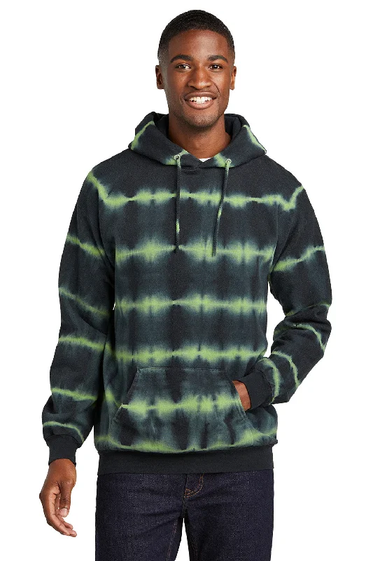 Men's weather-resistant training hoodie-Port & Company Mens Allover Stripe Tie-Dye Fleece Hooded Sweatshirt Hoodie w/ Pouch Pocket - Green Tea/Black - New