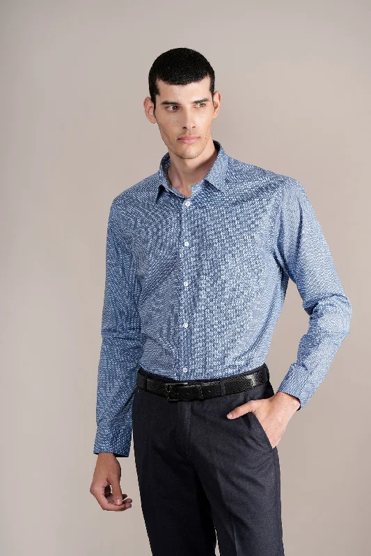 Men's wrinkle-resistant office wear shirt-Men's Blue Printed Full Sleeves Formal Shirt