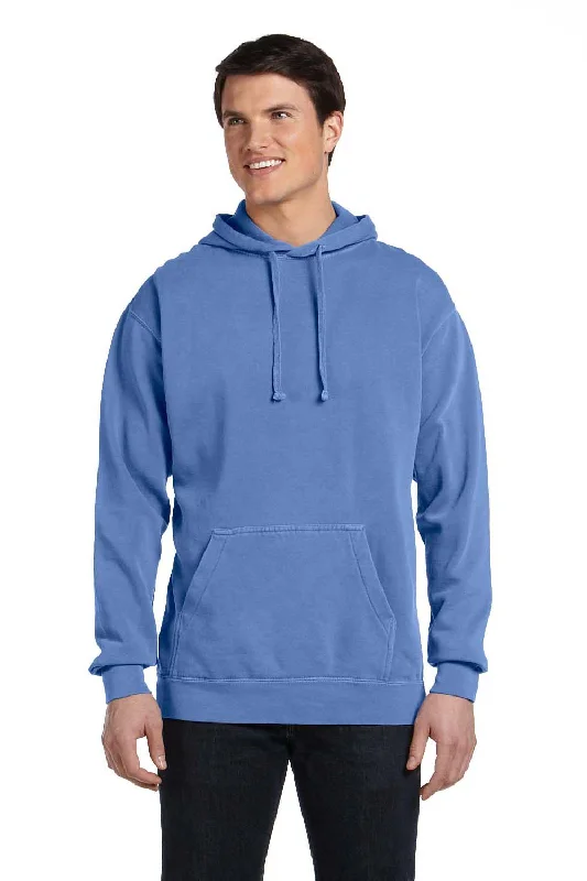 Men's pre-washed running hoodie-Comfort Colors Mens Hooded Sweatshirt Hoodie w/ Pouch Pocket - Flo Blue