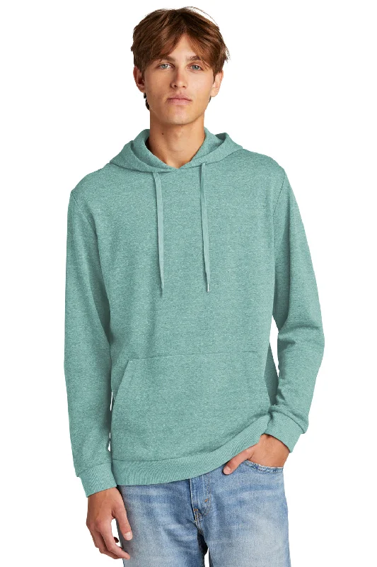 Men's tech-fabric running hoodie-District Mens Perfect Tri Fleece Hooded Sweatshirt Hoodie w/ Pouch Pocket - Heather Eucalyptus Blue