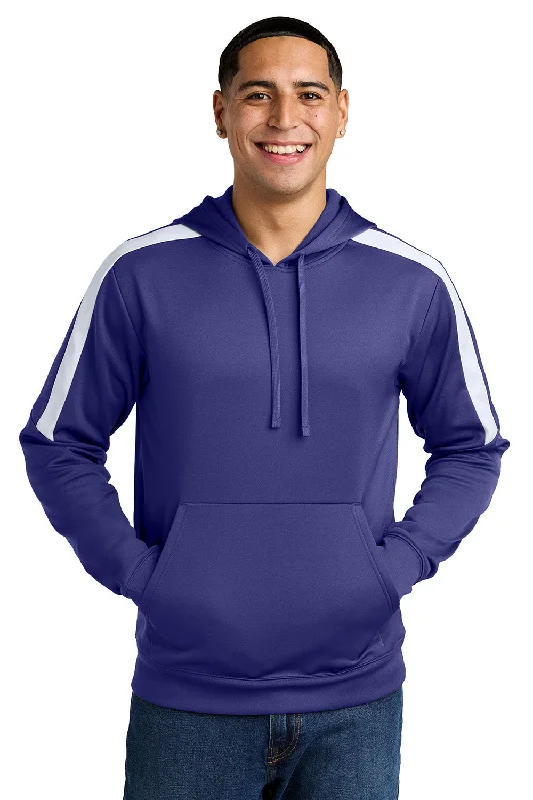 Men's performance gym hoodie-Sport-Tek Mens Sport-Wick Moisture Wicking United Fleece Hooded Sweatshirt Hoodie w/ Pouch Pocket - Purple/White - New