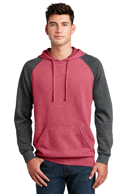 Men's high-stretch running hoodie-District Mens Fleece Hooded Sweatshirt Hoodie w/ Pouch Pocket - Heather Red/Grey