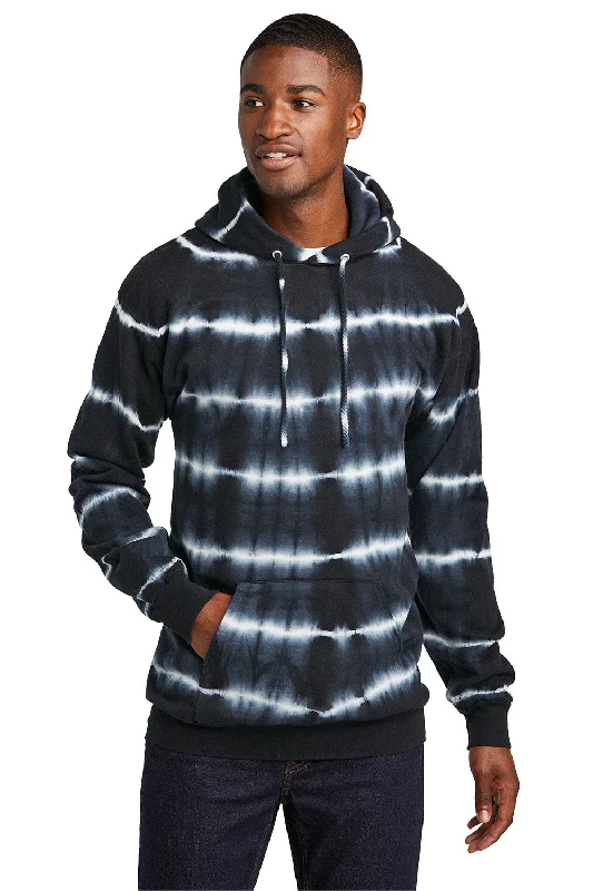 Men's adventure-ready sports hoodie-Port & Company Mens Allover Stripe Tie-Dye Fleece Hooded Sweatshirt Hoodie w/ Pouch Pocket - Black/White - New