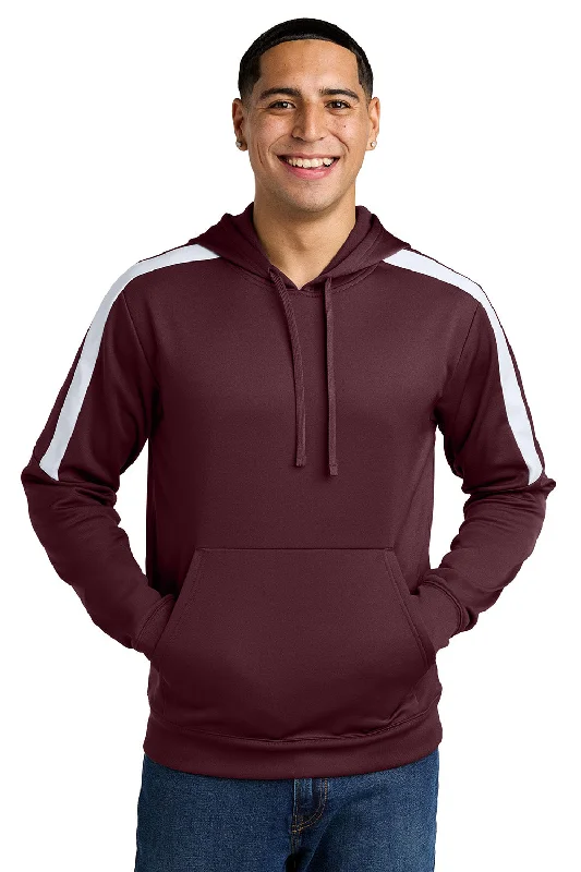 Men's quick-dry running hoodie-Sport-Tek Mens Sport-Wick Moisture Wicking United Fleece Hooded Sweatshirt Hoodie w/ Pouch Pocket - Maroon/White - New