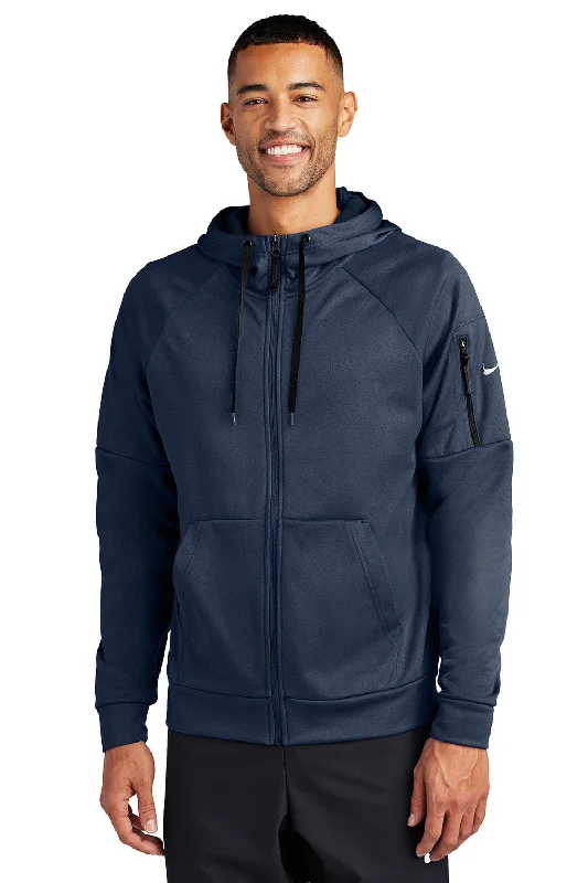 Men's comfortable activewear hoodie-Nike Mens Therma-Fit Fleece Full Zip Hooded Sweatshirt Hoodie w/ Pockets - Navy Blue - New