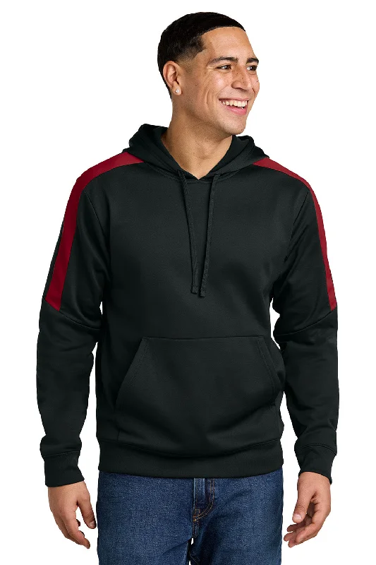 Men's ultra-light running hoodie-Sport-Tek Mens Sport-Wick Moisture Wicking United Fleece Hooded Sweatshirt Hoodie w/ Pouch Pocket - Black/Deep Red - New