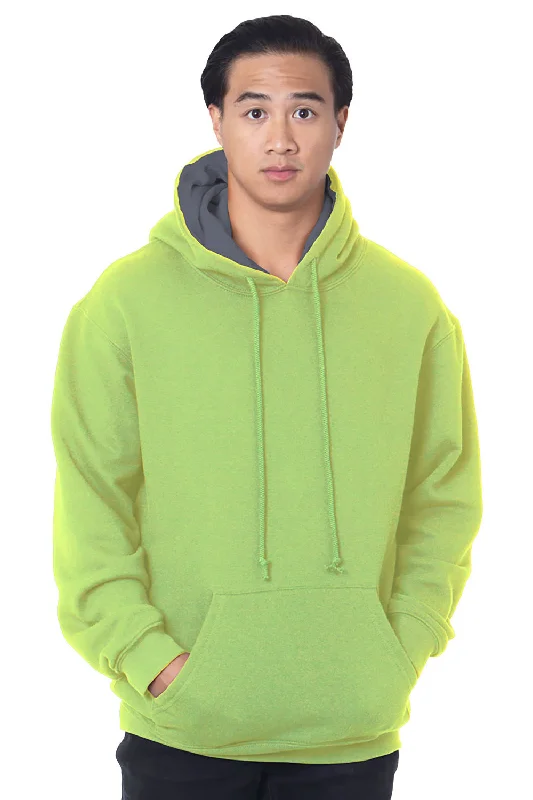 Men's summer gym hoodie-Bayside Mens Thermal Lined Hooded Sweatshirt Hoodie w/ Pouch Pocket - Lime Green/Dark Grey