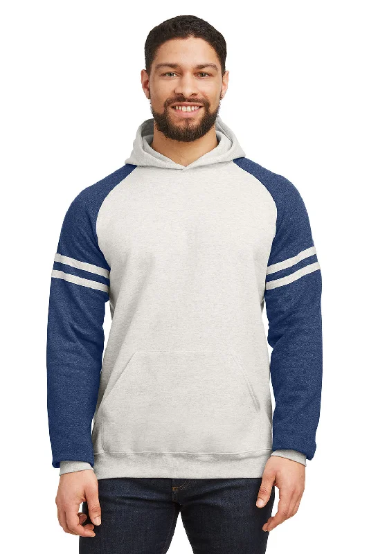 Men's non-iron athletic hoodie-Jerzees Mens NuBlend Fleece Varsity Colorblock Hooded Sweatshirt Hoodie w/ Pouch Pocket - Heather Oatmeal/Indigo Blue