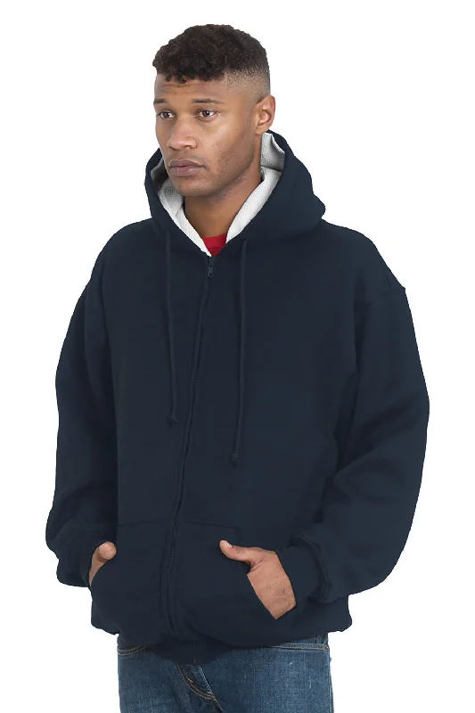 Men's quick-dry casual hoodie-Bayside Mens Thermal Lined Full Zip Hooded Sweatshirt Hoodie w/ Pockets - Navy Blue