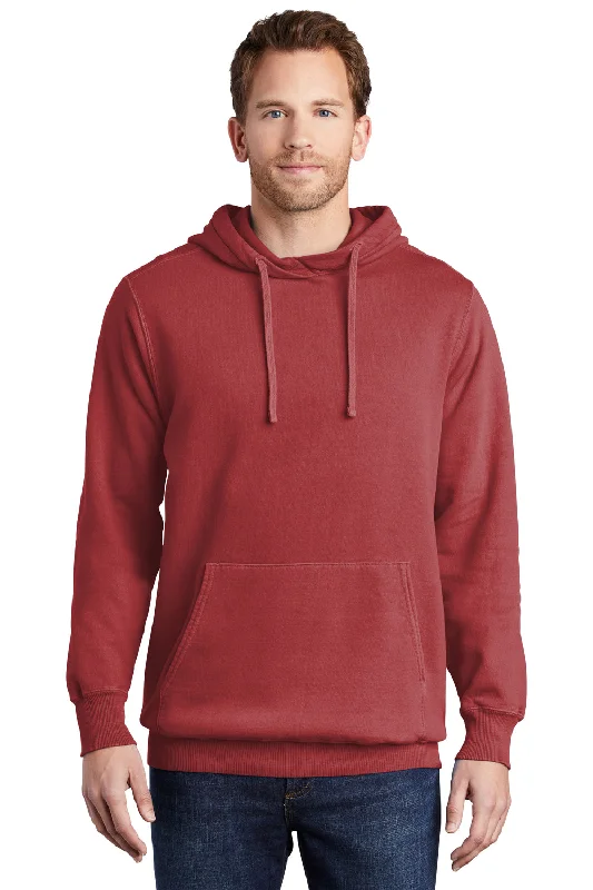 Men's summer running hoodie-Port & Company Mens Beach Wash Fleece Hooded Sweatshirt Hoodie w/ Pouch Pocket - Rock Red