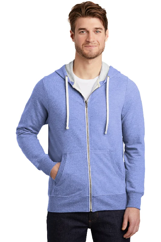 Men's gym-ready performance hoodie-District Mens Perfect French Terry Full Zip Hooded Sweatshirt Hoodie w/ Pockets - Maritime Blue Frost - Closeout