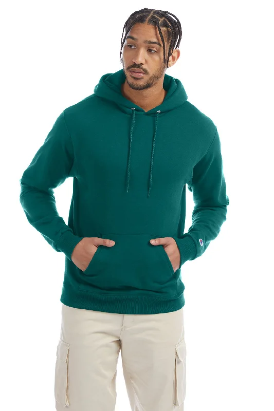 Men's tech-inspired gym hoodie-Champion Mens Double Dry Eco Moisture Wicking Fleece Hooded Sweatshirt Hoodie w/ Pouch Pocket - Emerald Green