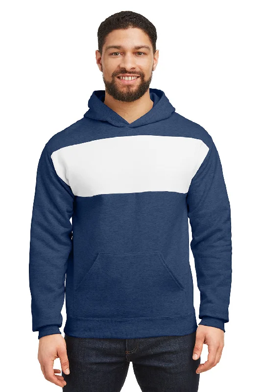 Men's lightweight performance hoodie-Jerzees Mens NuBlend Fleece Pill Resistant Billboard Hooded Sweatshirt Hoodie w/ Pouch Pocket - Heather Indigo Blue/White - Closeout