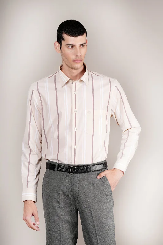 Men's breathable office wear shirt-Men's Beige Striped Full Sleeves Formal Shirt