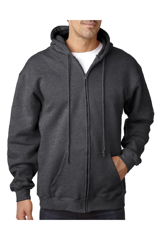 Men's wrinkle-free sports hoodie-Bayside Mens USA Made Full Zip Hooded Sweatshirt Hoodie w/ Pockets - Heather Charcoal Grey