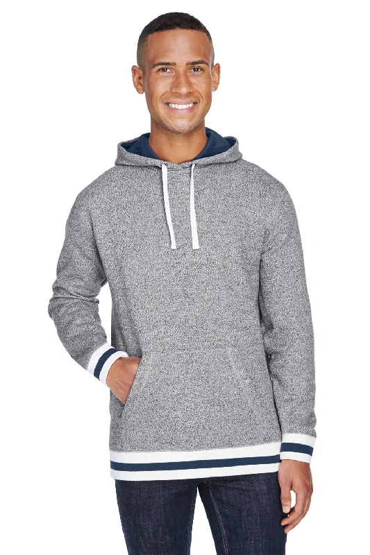 Men's high-stretch training hoodie-J America Mens Peppered Fleece Hooded Sweatshirt Hoodie w/ Pouch Pocket - Pepper Grey/Navy Blue - Closeout