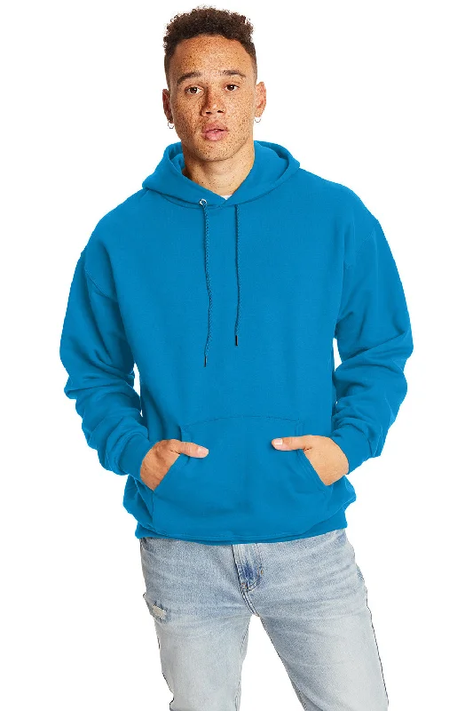 Men's weather-resistant training hoodie-Hanes Mens Ultimate Cotton PrintPro XP Pill Resistant Hooded Sweatshirt Hoodie w/ Pouch Pocket - Teal Blue