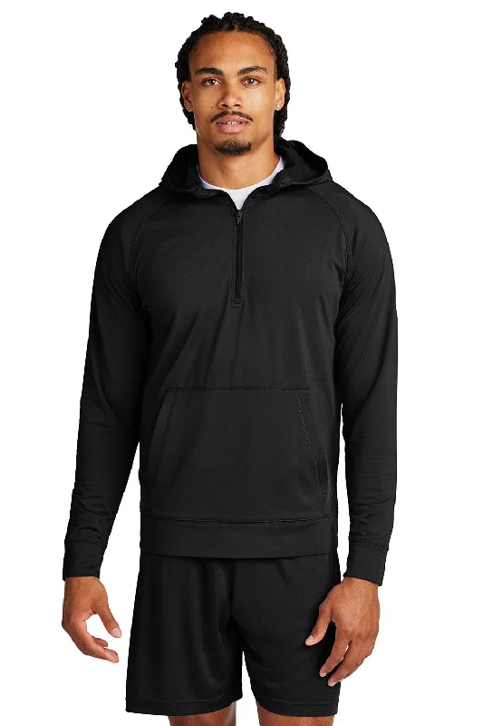 Men's non-iron athletic hoodie-Sport-Tek Mens Sport-Wick Moisture Wicking 1/4 Zip Hooded Sweatshirt Hoodie w/ Pouch Pocket - Black - New