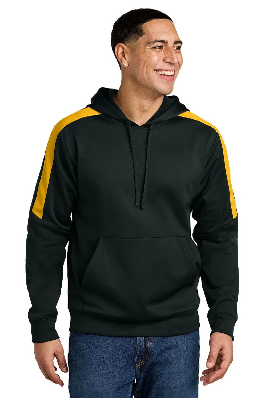 Men's tech-fabric zip-up hoodie-Sport-Tek Mens Sport-Wick Moisture Wicking United Fleece Hooded Sweatshirt Hoodie w/ Pouch Pocket - Black/Gold - New