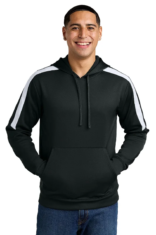 Men's sustainable casual hoodie-Sport-Tek Mens Sport-Wick Moisture Wicking United Fleece Hooded Sweatshirt Hoodie w/ Pouch Pocket - Black/White - New