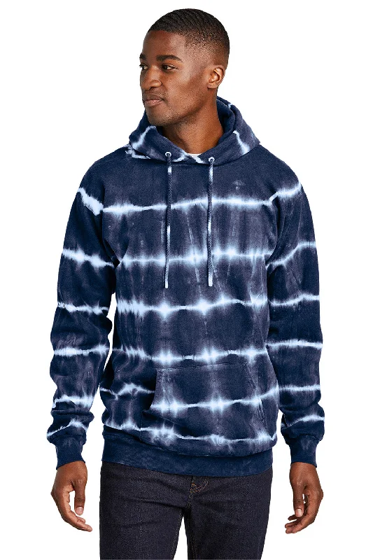 Men's versatile activewear hoodie-Port & Company Mens Allover Stripe Tie-Dye Fleece Hooded Sweatshirt Hoodie w/ Pouch Pocket - True Navy Blue/White - New