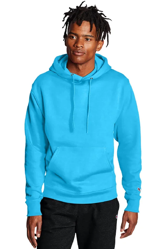 Men's summer performance hoodie-Champion Mens Double Dry Eco Moisture Wicking Fleece Hooded Sweatshirt Hoodie w/ Pouch Pocket - Lagoon Blue