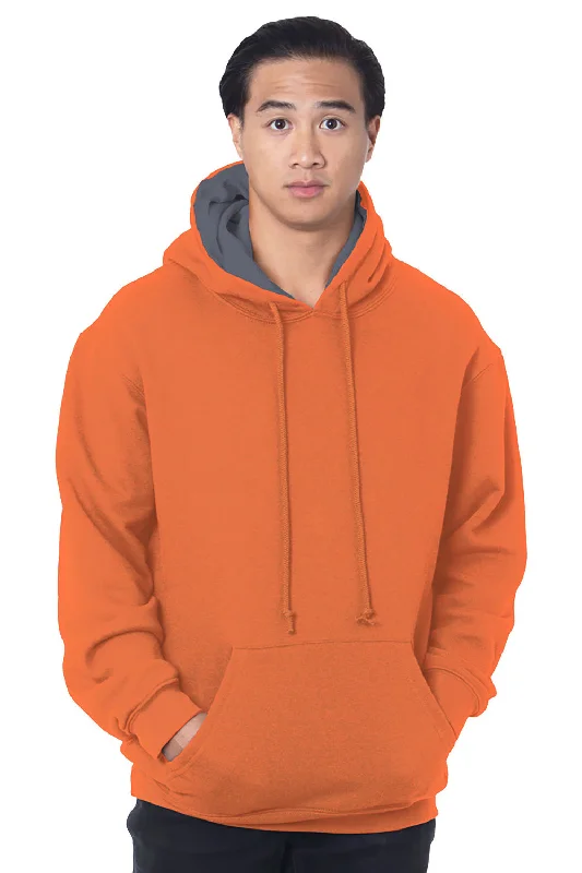 Men's tech-fabric running hoodie-Bayside Mens Thermal Lined Hooded Sweatshirt Hoodie w/ Pouch Pocket - Bright Orange/Dark Grey