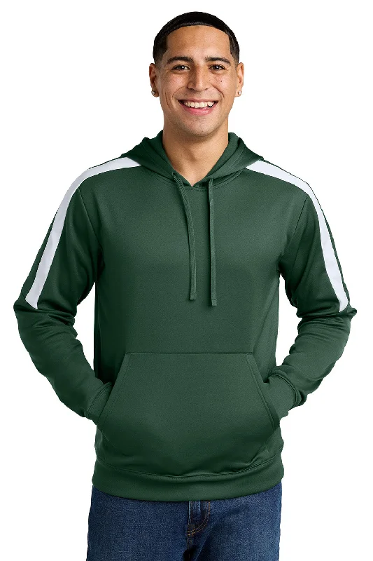 Men's sporty fleece hoodie-Sport-Tek Mens Sport-Wick Moisture Wicking United Fleece Hooded Sweatshirt Hoodie w/ Pouch Pocket - Forest Green/White - New