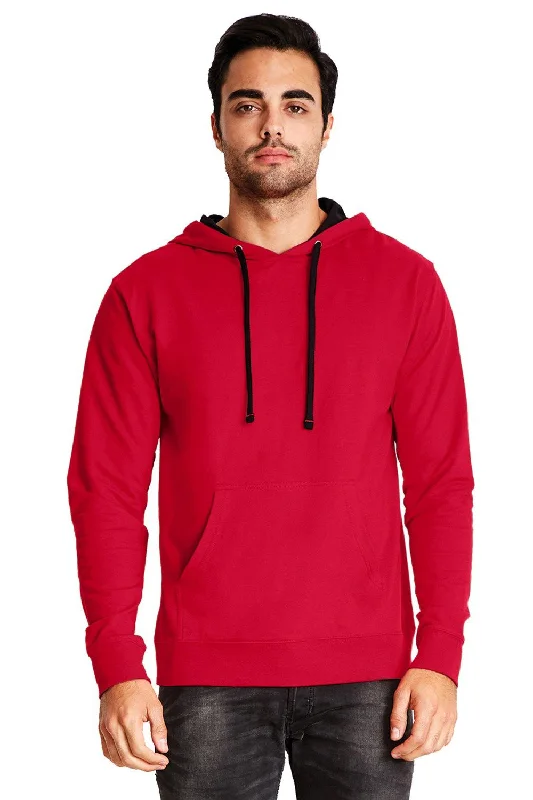 Men's organic casual hoodie-Next Level Mens French Terry Fleece Hooded Sweatshirt Hoodie w/ Pouch Pocket - Red/Black