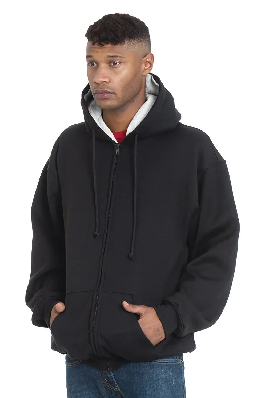 Men's relaxed fit sports hoodie-Bayside Mens Thermal Lined Full Zip Hooded Sweatshirt Hoodie w/ Pockets - Black