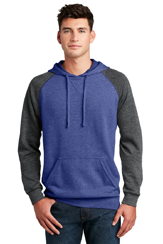 Men's lightweight sports hoodie-District Mens Fleece Hooded Sweatshirt Hoodie w/ Pouch Pocket - Heather Deep Royal Blue/Grey