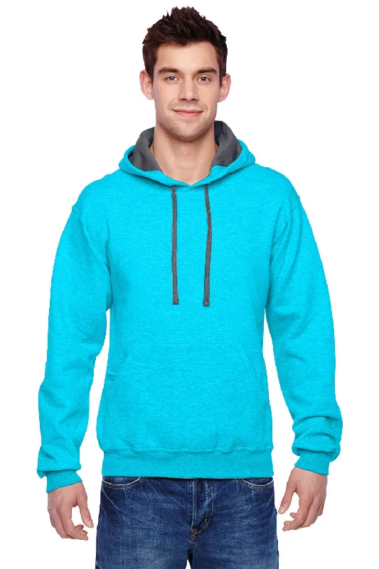 Men's high-performance training hoodie-Fruit Of The Loom Mens Softspun Hooded Sweatshirt Hoodie w/ Pouch Pocket - Heather Caribbean Blue - Closeout