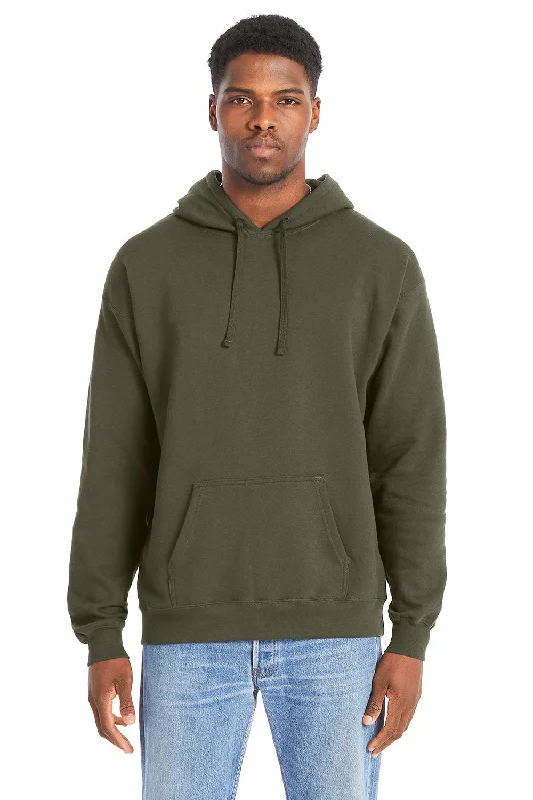 Men's pre-washed gym hoodie-Hanes Mens Perfect Sweats Hooded Sweatshirt Hoodie w/ Pouch Pocket - Fatigue Green