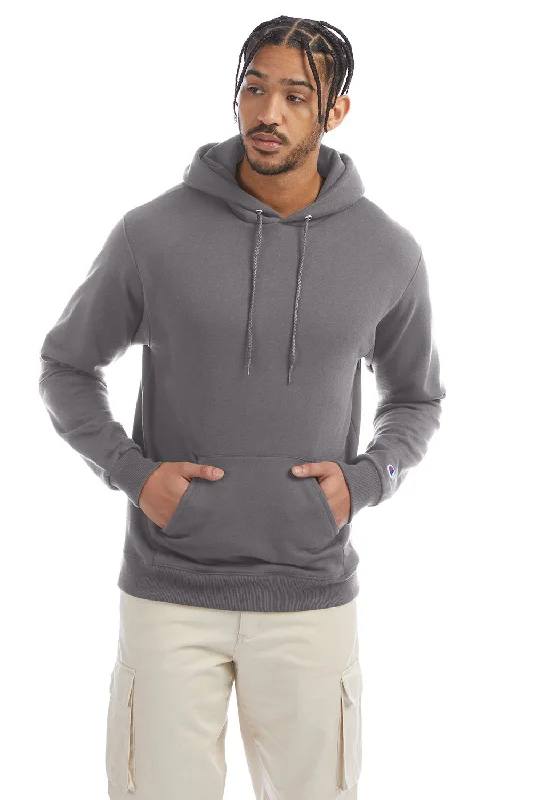 Men's pre-washed gym hoodie-Champion Mens Double Dry Eco Moisture Wicking Fleece Hooded Sweatshirt Hoodie w/ Pouch Pocket - Stone Grey