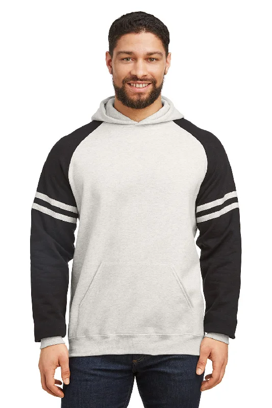 Men's performance gym hoodie-Jerzees Mens NuBlend Fleece Varsity Colorblock Hooded Sweatshirt Hoodie w/ Pouch Pocket - Heather Oatmeal/Black