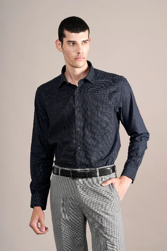 Men's eco-conscious office wear shirt-Men's Navy Self Design Full Sleeves Formal Shirt