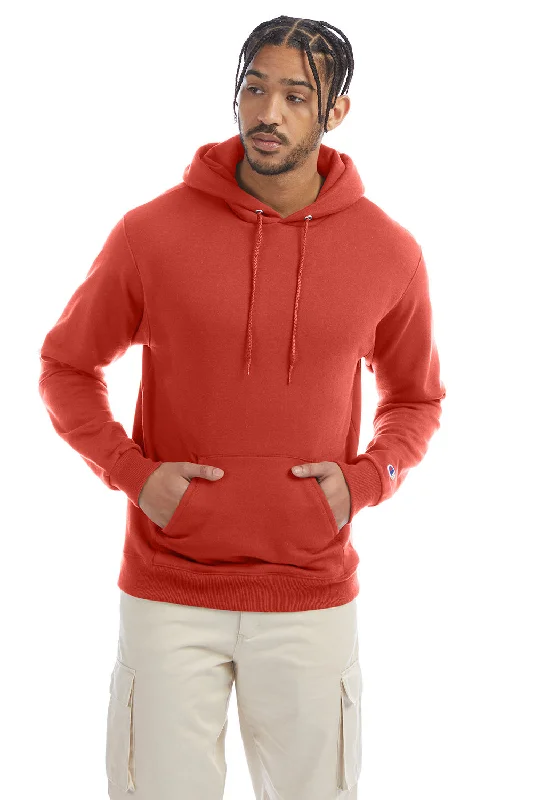 Men's relaxed fit running hoodie-Champion Mens Double Dry Eco Moisture Wicking Fleece Hooded Sweatshirt Hoodie w/ Pouch Pocket - Red River Clay