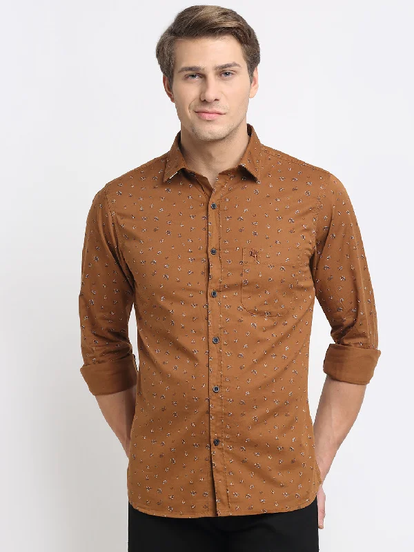 Men's durable travel shirt-Men's Coffee Brown Casual Floral Print Full Sleeve Shirt