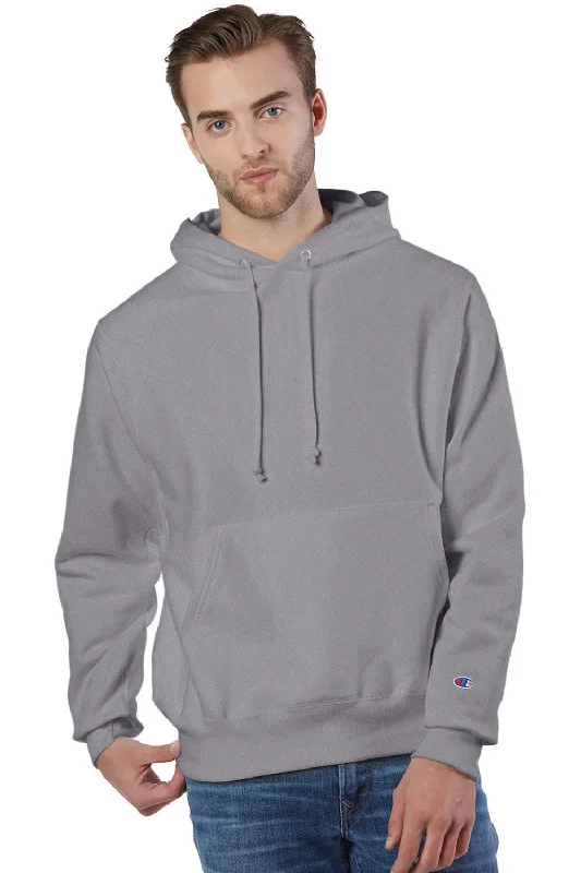 Men's weatherproof sports hoodie-Champion Mens Shrink Resistant Hooded Sweatshirt Hoodie w/ Pouch Pocket - Stone Grey