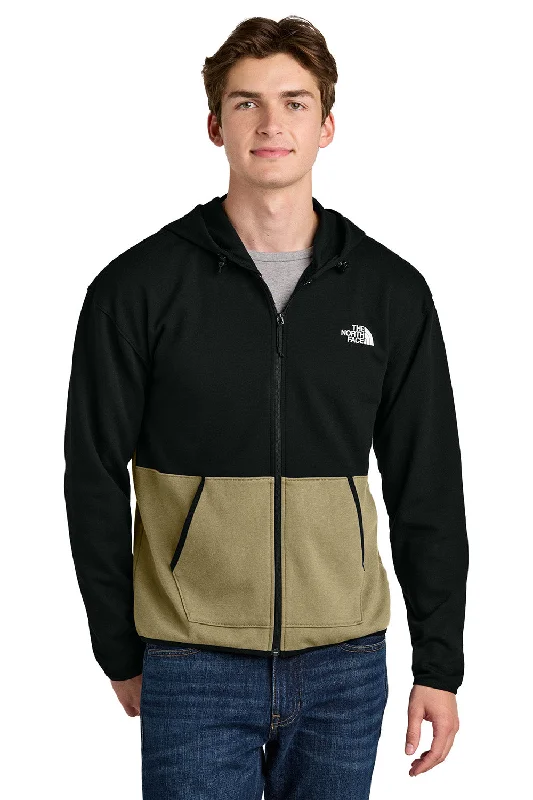 Men's eco-conscious running hoodie-The North Face Mens Double Knit Full Zip Hooded Sweatshirt Hoodie w/ Pockets - Khaki Stone/Black - New