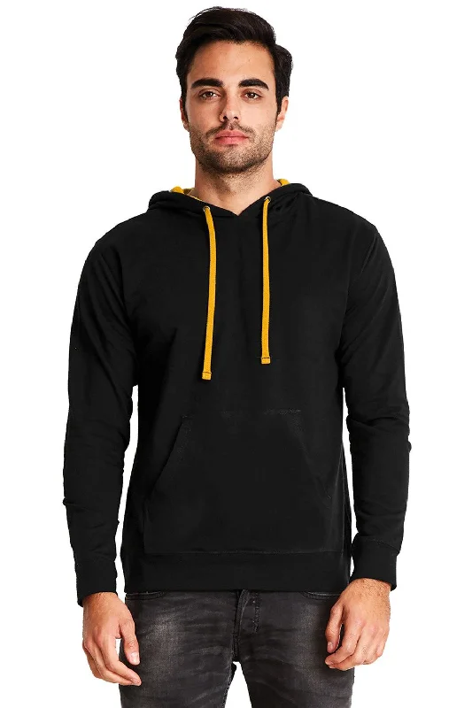 Men's quick-dry gym hoodie-Next Level Mens French Terry Fleece Hooded Sweatshirt Hoodie w/ Pouch Pocket - Black/Gold